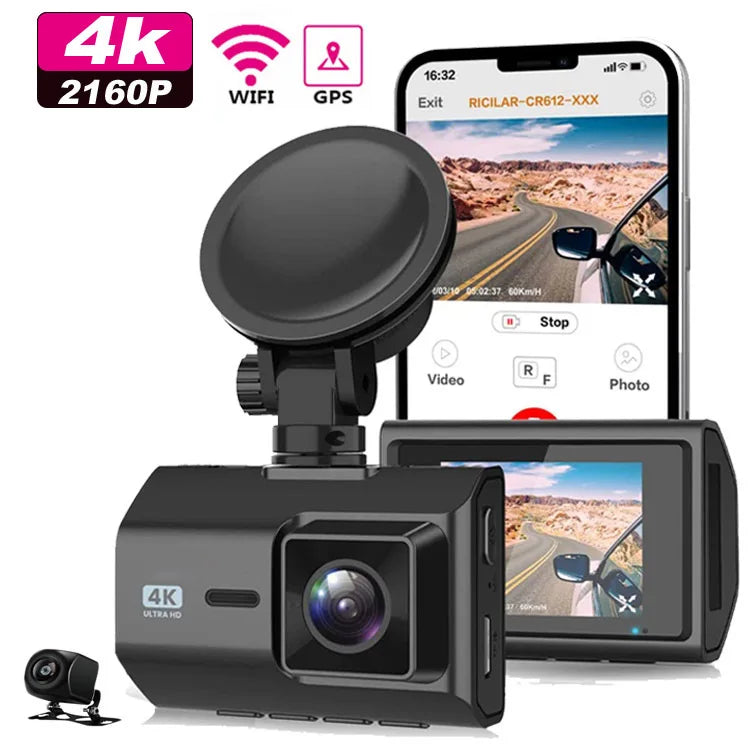Dual Lens 4K Dash Cam WiFi GPS Universal Dashcam Bosstar Black 2'' 2K(GC4653)+1080p|320*240