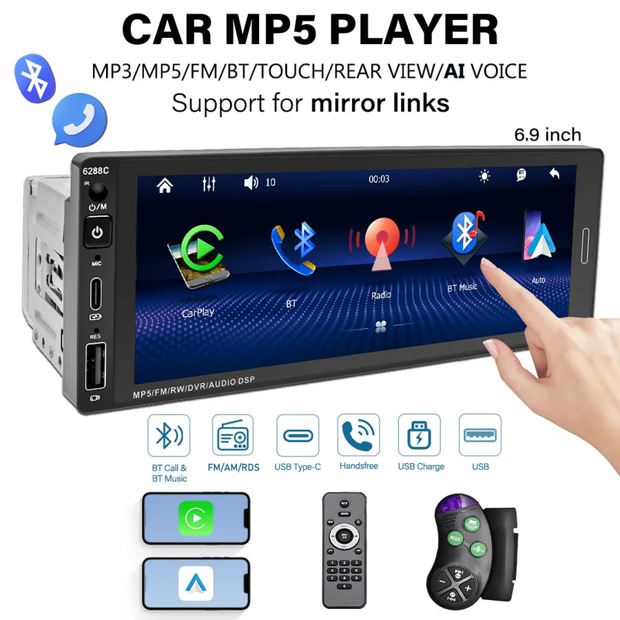 6.9 Inch 1Din CarPlay Audio Stereo for Universal Car Android Head Unit Bosstar