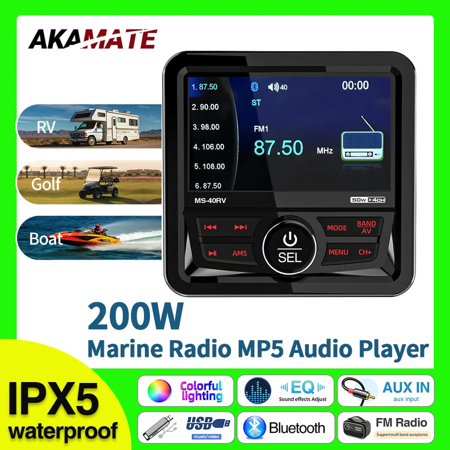 Waterproof Square MP5 Marine Stereo Radio for RV and Boat Car Interior Accessory AKAMATE
