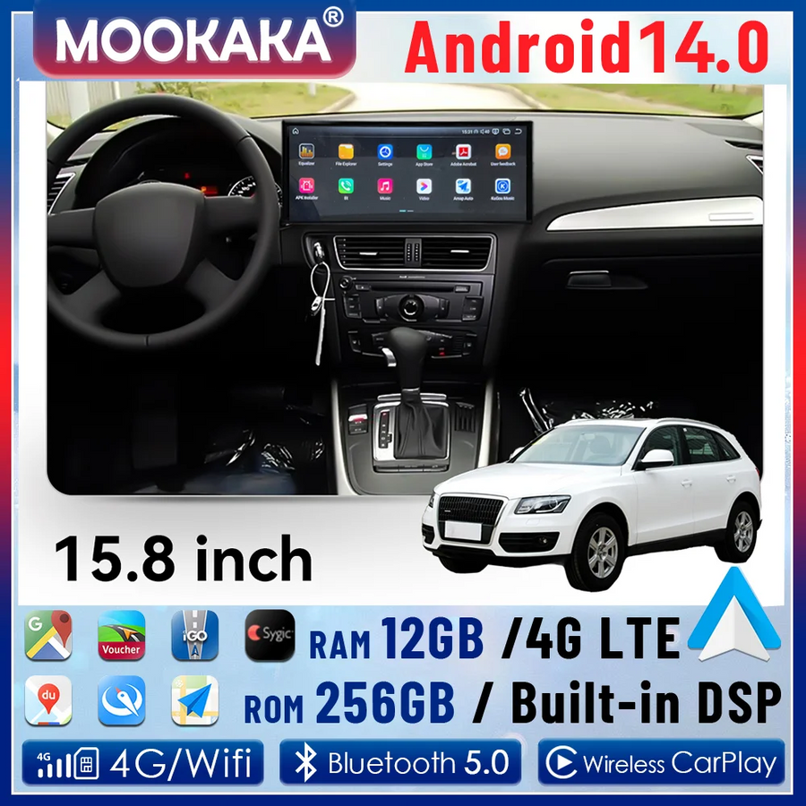15.8-Inch Android 14 Navigation System for Audi Q5 2009–2017 Android Head Unit Aotsr 4GB 64GB Carplay Eight Core