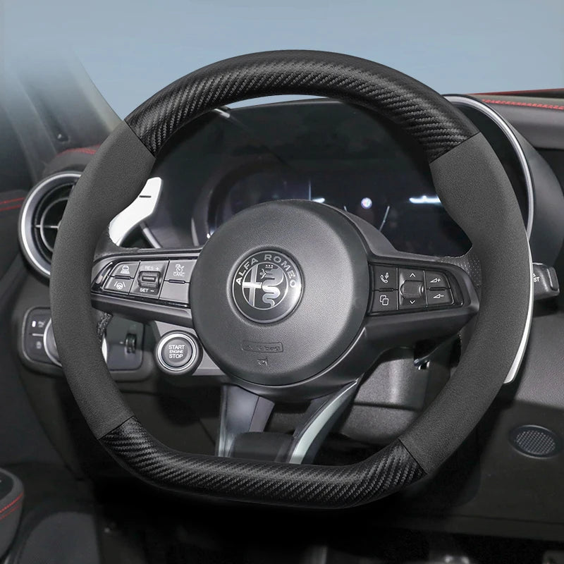 Mocha Suede Carbon Fiber Steering Cover for Alfa Romeo Car Interior Accessory Hocasen