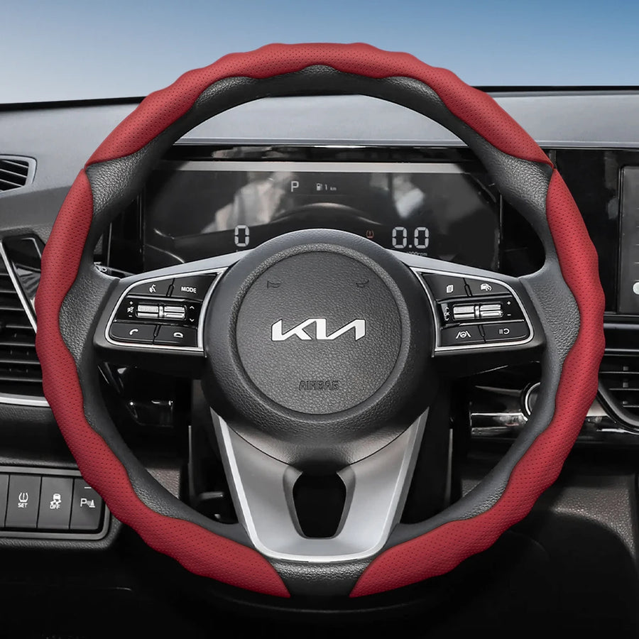 Wavy Sports Leather Steering Cover for Kia Car Interior Accessory Hocasen Red Round 3Pc