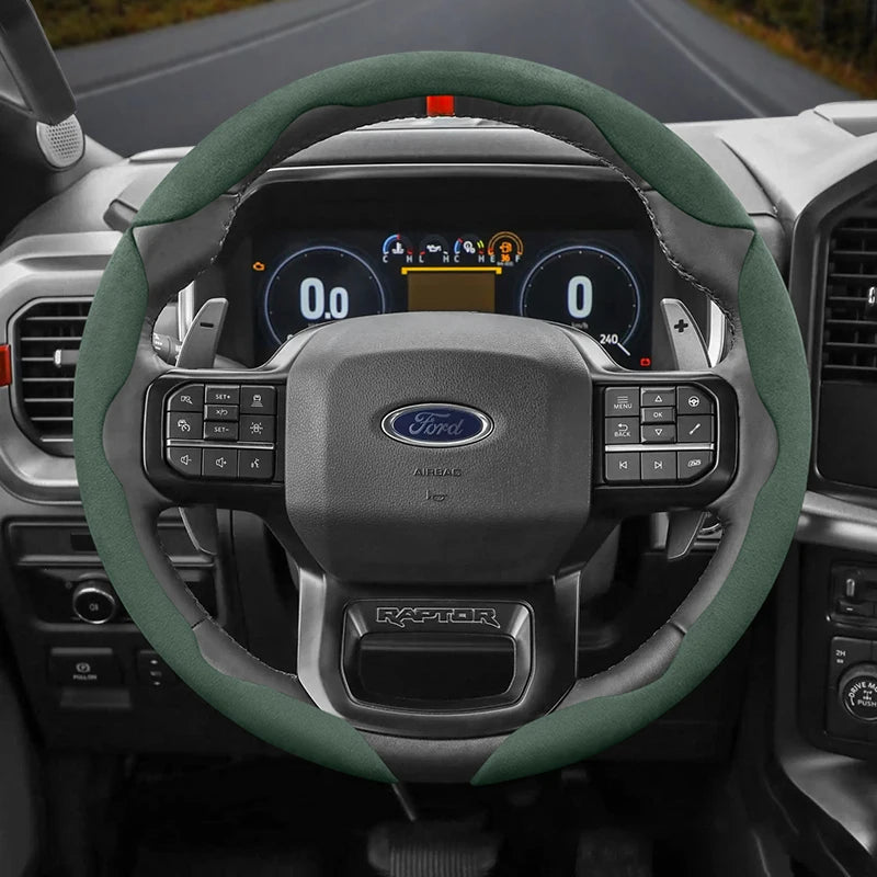 Segmented Suede Steering Cover for Ford Focus Car Interior Accessory Hocasen Green Round 3PC