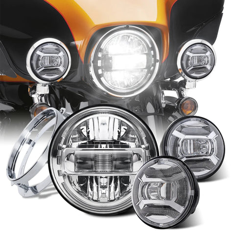 Chrome/Black 7inch Led Headlight Round + 2x 4-1/2 Fog Light Passing Lamp Bracket Motorcycle Light Assembly For Harley Sportst