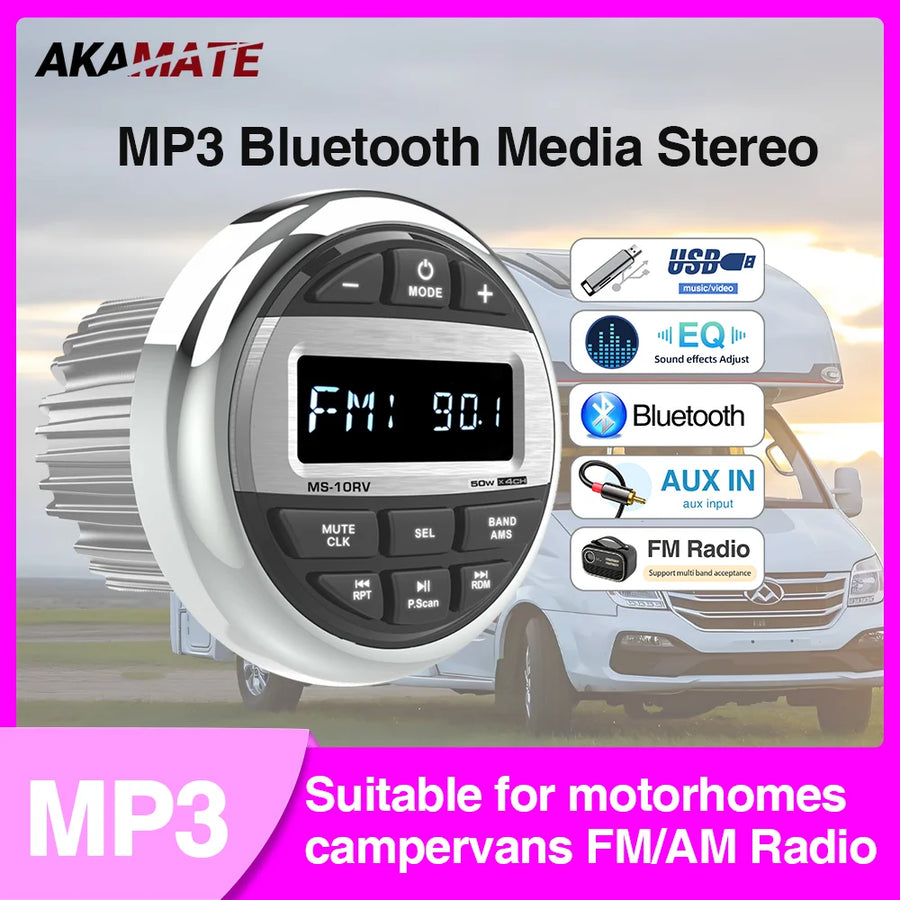 IPX5 Waterproof Marine Stereo Bluetooth 200W for RV Boat Car Interior Accessory AKAMATE