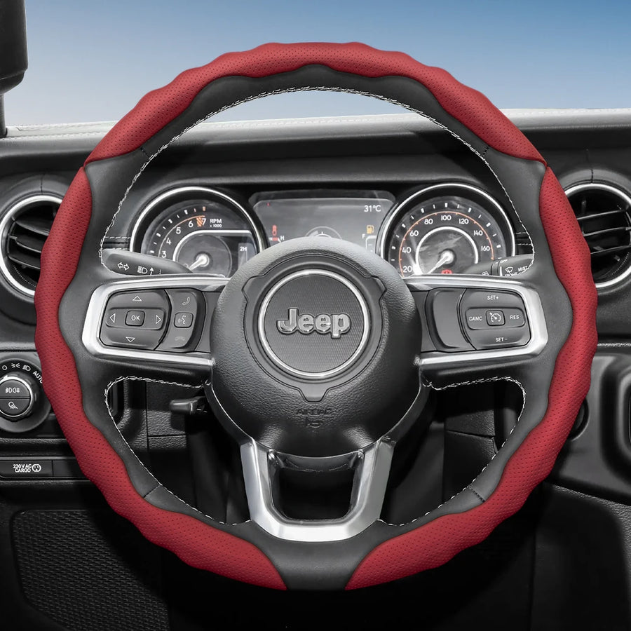 Jeep Breathable Wavy Leather Steering Wheel Cover Car Interior Accessory Hocasen Red 3-Piece Set