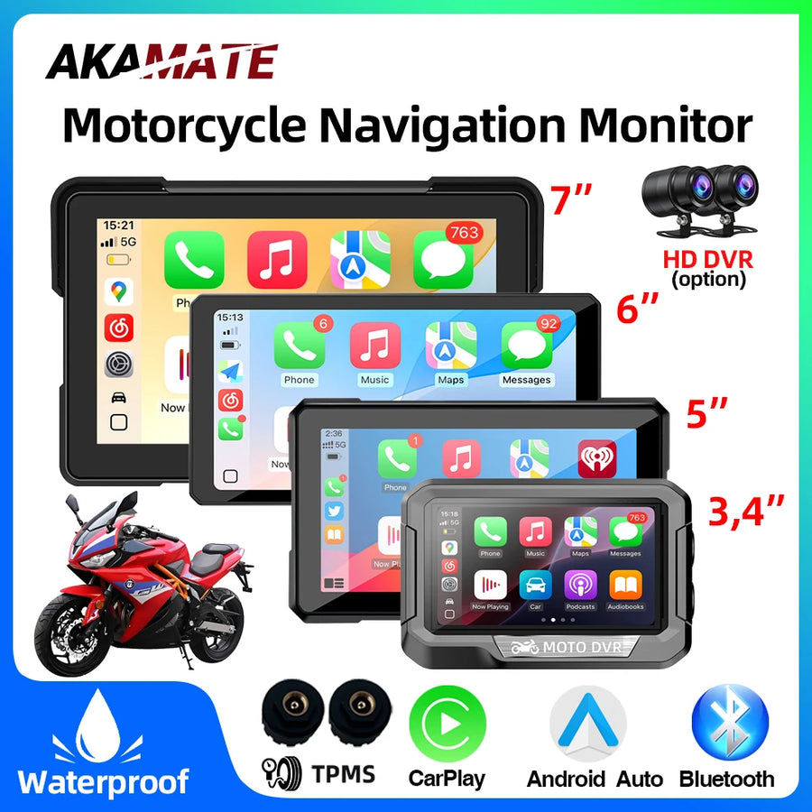 Motorcycle GPS Monitor Wireless CarPlay & TPMS Android Head Unit AKAMATE