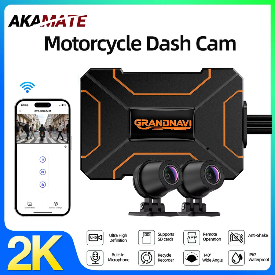 2K Dual Lens Waterproof Motorcycle Dash Cam WiFi DVR Dashcam AKAMATE