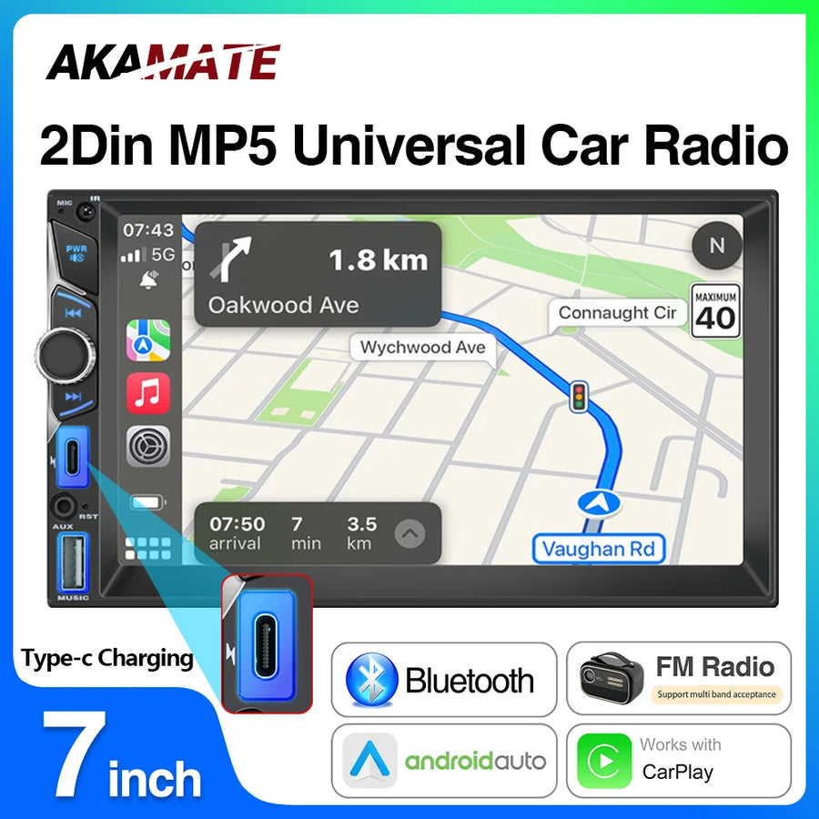 7 Inch Universal Double Din CarPlay Player Radio Android Head Unit AKAMATE