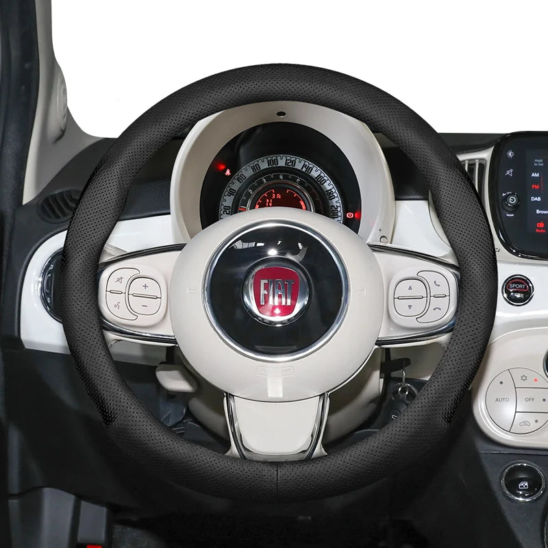 Ultra-Thin Breathable Leather Steering Wheel Cover for Fiat 500, Punto Evo Car Interior Accessory Hocasen Black Punch Style
