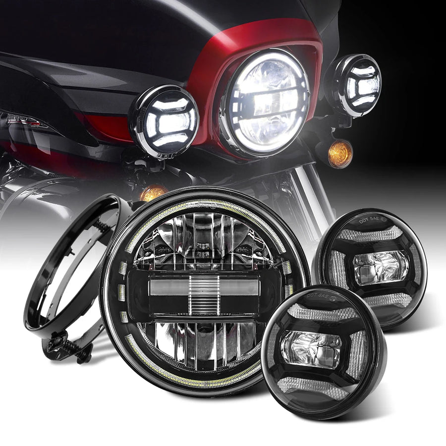 Motorcycle 7 inch Moto LED Headlight with 4-1/2" 4.5inch LED Auxiliary Fog Passing Lights Lamp for Harley Touring Electra Gli