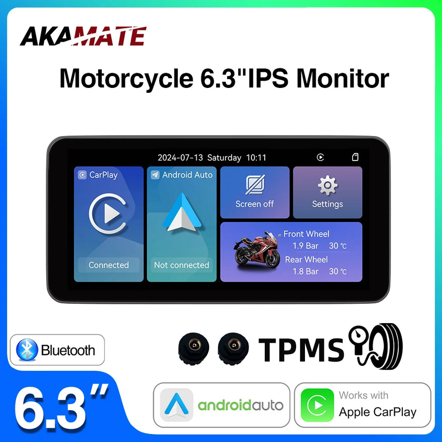 Motorcycle GPS Screen 6.3in Wireless CarPlay Monitor Android Head Unit AKAMATE