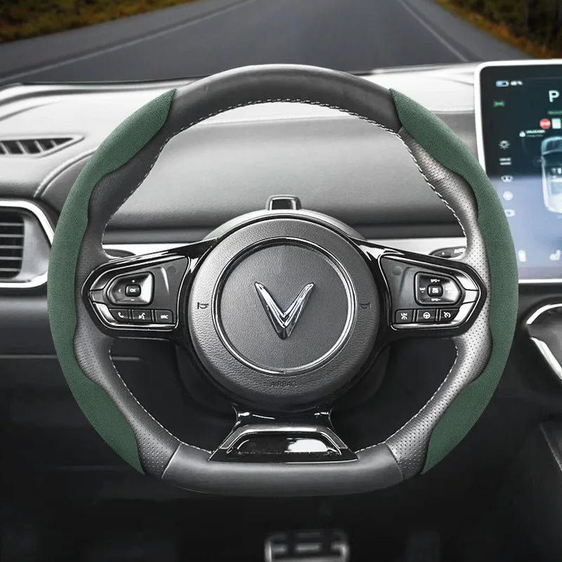 Segmented Suede Steering Cover for Vinfast Models Car Interior Accessory Hocasen Green 2-Piece Set