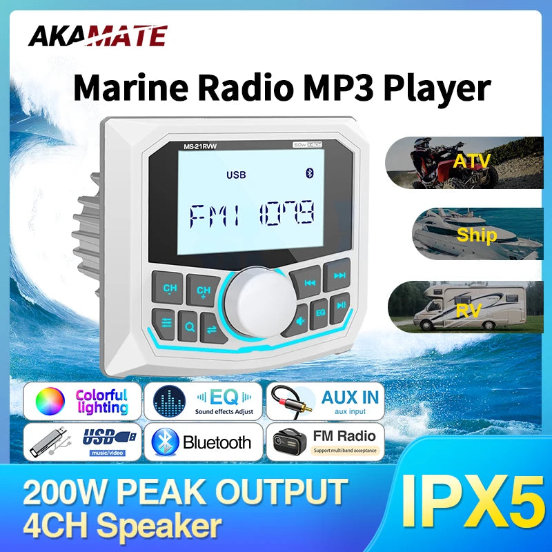 Waterproof Bluetooth Marine Stereo for Boat ATV UTV Car Interior Accessory AKAMATE