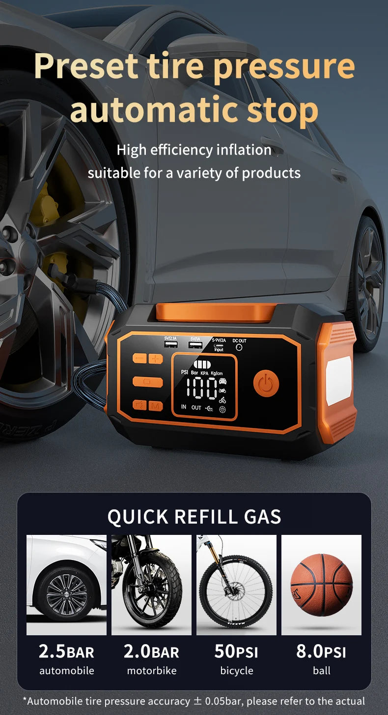 Portable All-in-One Car Emergency Tool: Jump Starter, Tire Inflator, Power Bank & LED Light, Folding Handle, Compatible with