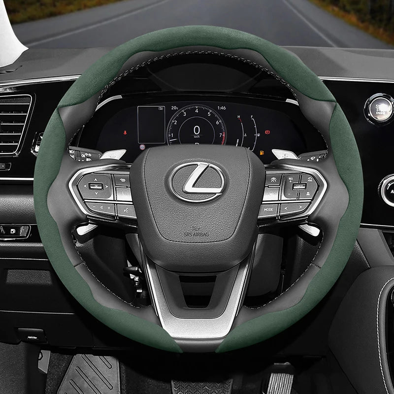 Lexus Anti-Slip Segmented Suede Steering Wheel Cover Car Interior Accessory Hocasen Green 3-Piece Set