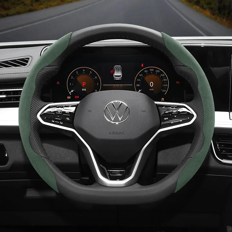 Suede Anti-Slip Steering Wheel Cover for Volkswagen Car Interior Accessory Hocasen Green D-Shaped 2PC