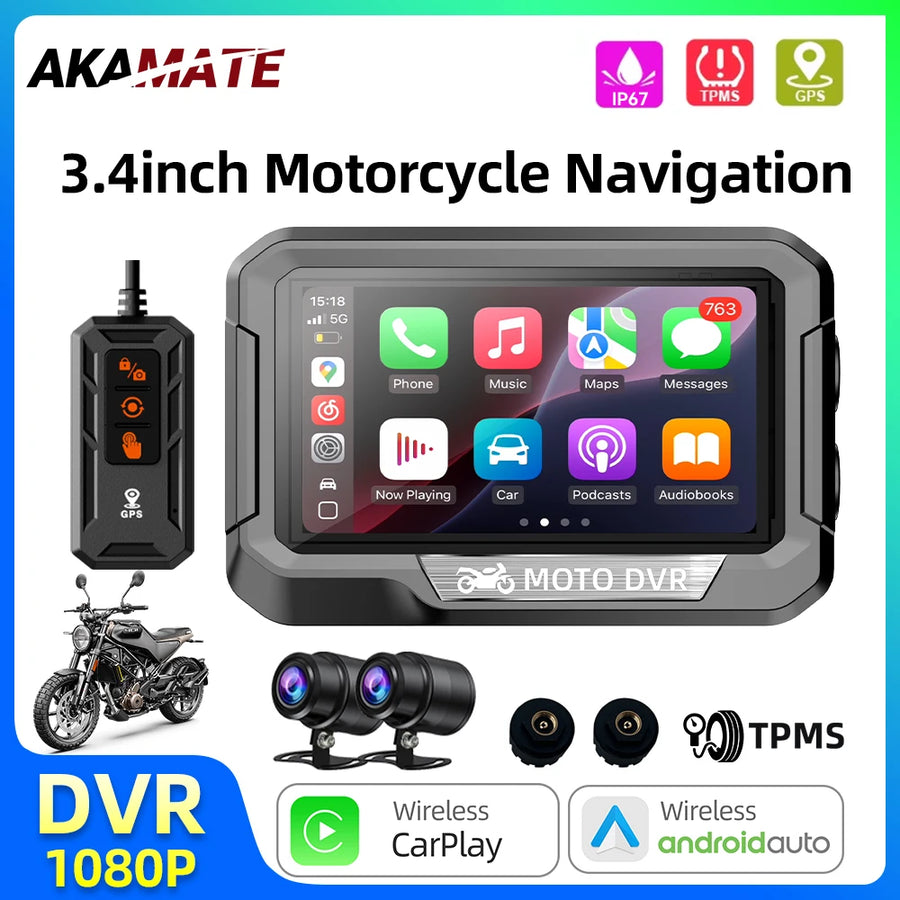3.4" Motorcycle GPS Monitor with Wireless CarPlay Android Head Unit AKAMATE