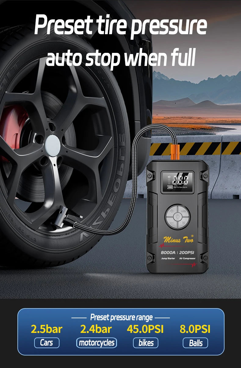 8000A Portable Car Jump Starter & 200PSI Fast Inflator, Auto-Shutoff, Digital Readout & Multi-Mode Light for Winter & Roadsid
