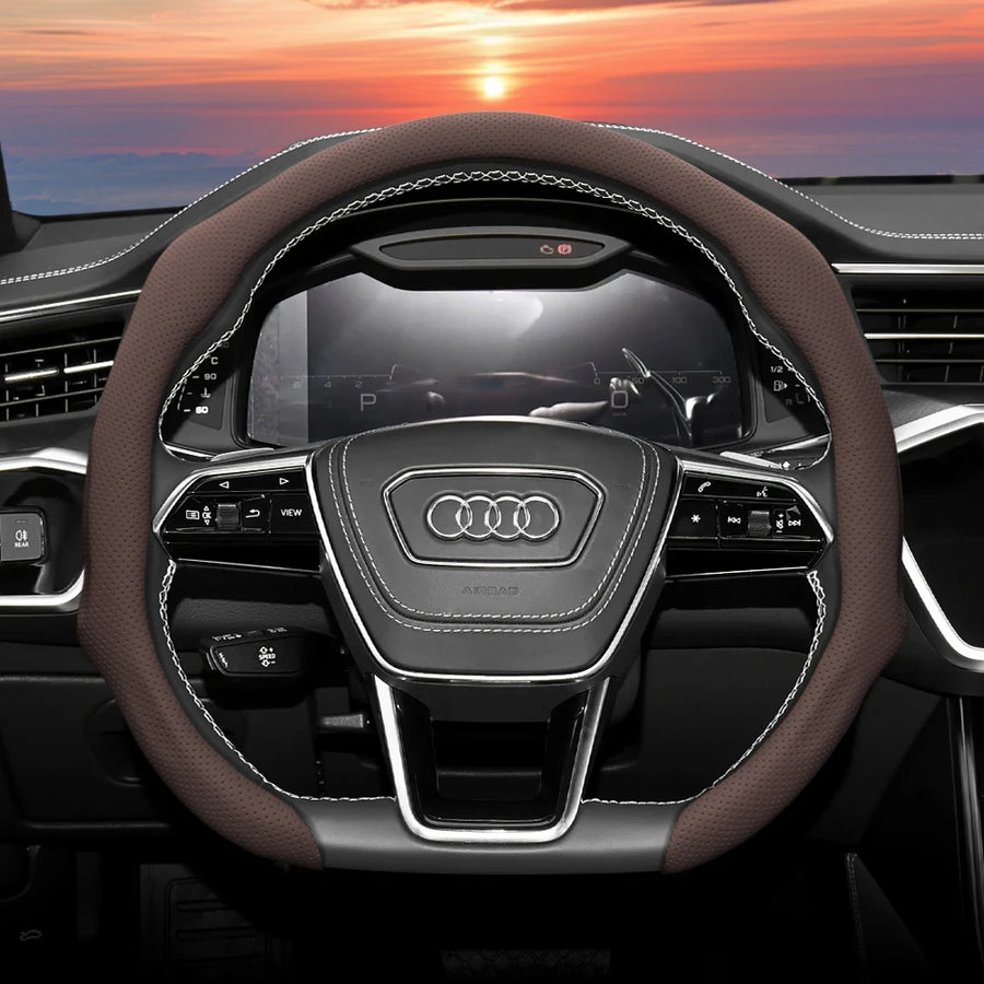 Perforated Leather Steering Wheel Cover for Audi Car Interior Accessory Hocasen Mocha D-Shaped