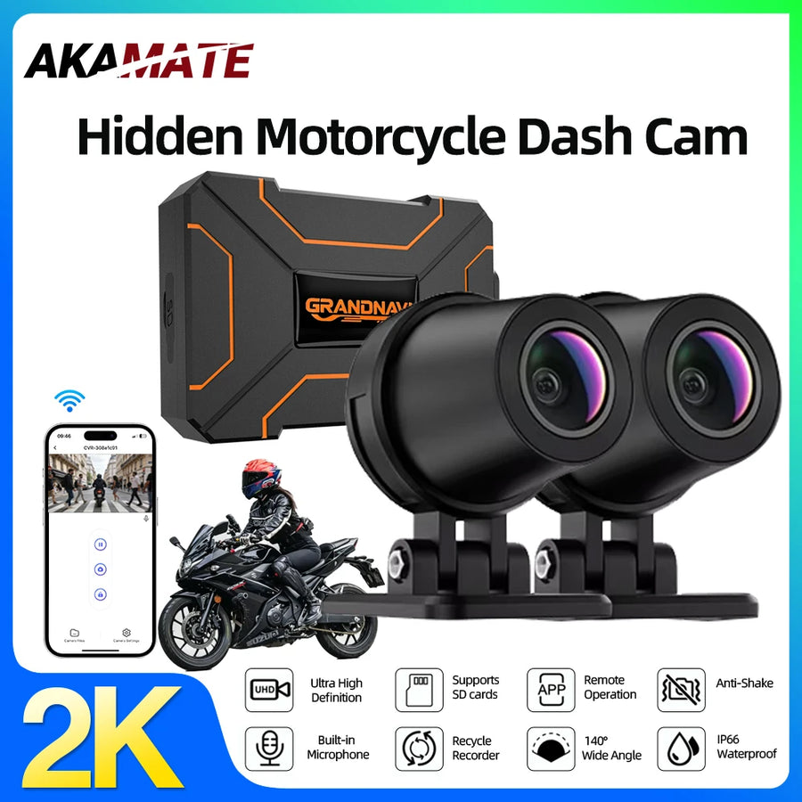2K Dual Lens Motorcycle Dash Cam WiFi Waterproof for Moto Dashcam AKAMATE