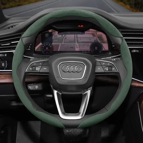 Audi Anti-Slip Suede Steering Wheel Cover Set Car Interior Accessory Hocasen Green Round 3PC