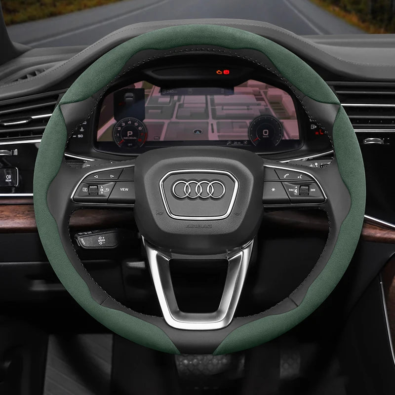 Audi Anti-Slip Suede Steering Wheel Cover Set Car Interior Accessory Hocasen Green Round 3PC