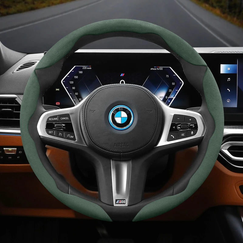 Segmented Suede Steering Wheel Cover for BMW Car Interior Accessory Hocasen Green Round 3PC