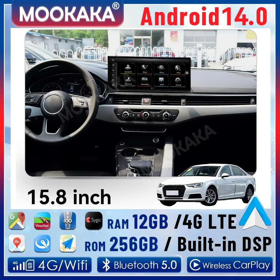 15.8 Inch Android Head Unit with GPS for Audi A4L A5 Android Head Unit Aotsr 4GB 64GB Carplay Eight Core