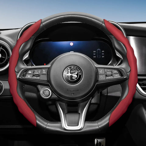 Sporty Breathable Leather Steering Wheel Cover Alfa Romeo Car Interior Accessory Hocasen Red 2-Piece Set