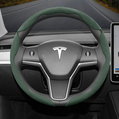 Anti-Slip Suede Steering Wheel Cover for Tesla 2024 Car Interior Accessory Hocasen Green Round 3PC