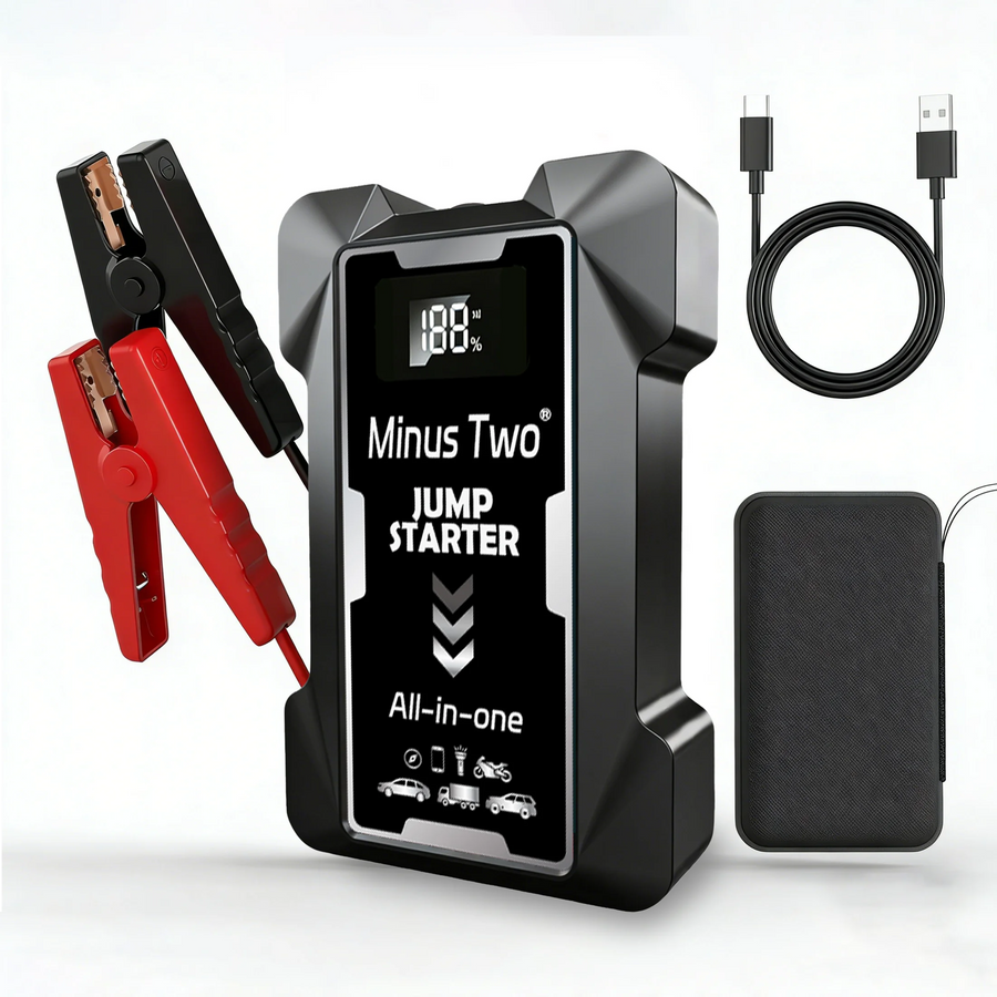 12V Car Jump Starter - Portable Battery Booster & Power Bank with 3-Mode LED Emergency Light Jump Starter MINUS TWO Black Gre