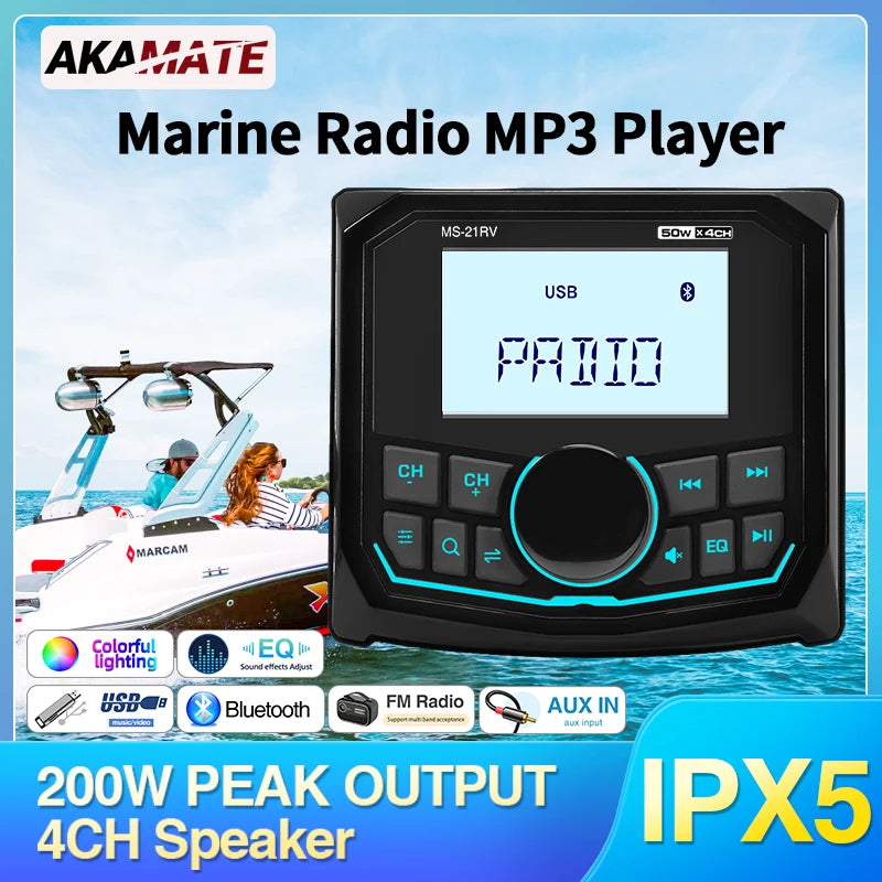 IPX5 Waterproof MP3 Bluetooth Marine Radio for ATV UTV Boat Car Interior Accessory AKAMATE