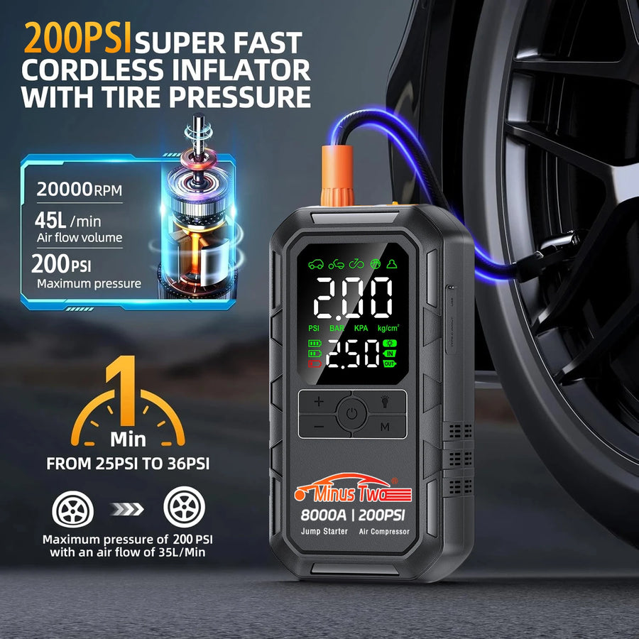 Minus Two 8000A All-in-One Jump Starter | 200PSI Ultra-Fast Tire Inflator | Portable 12V Battery Booster with Digital Display