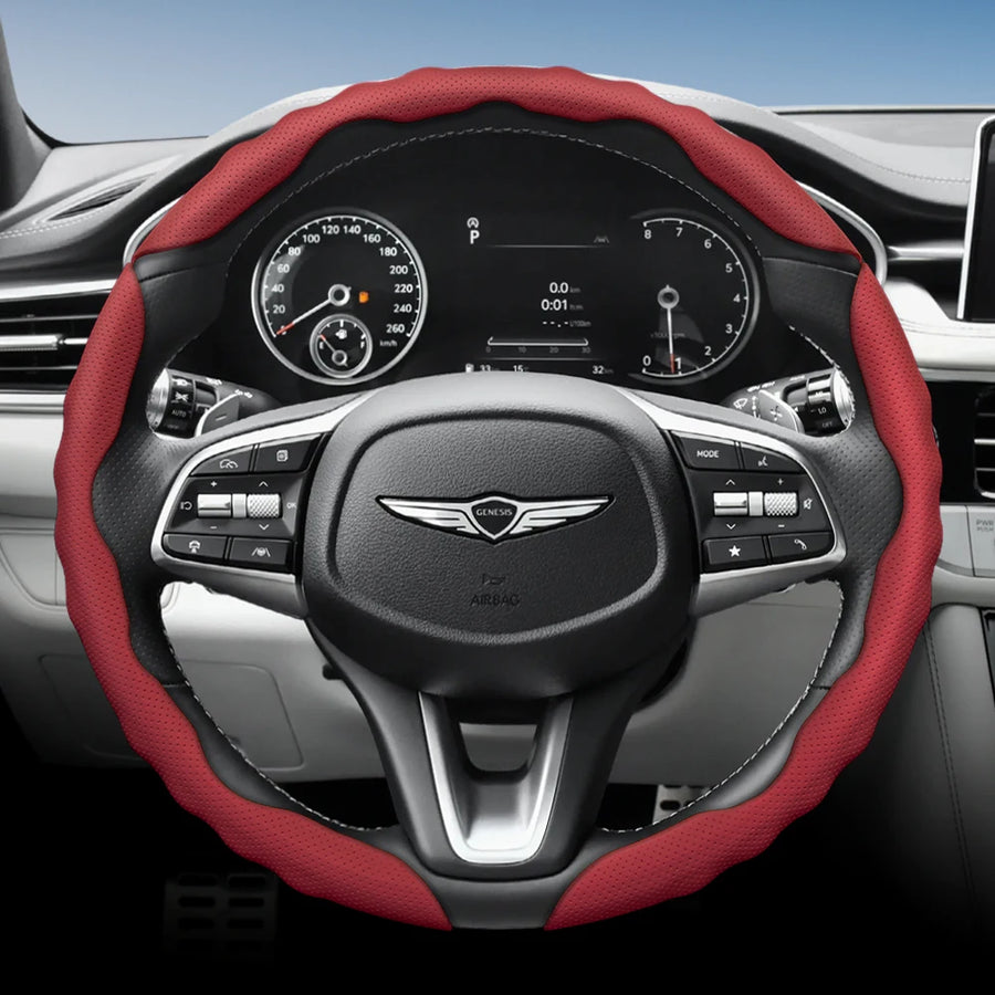 Wavy Sports Faux Leather Wheel Cover for Genesis Models Car Interior Accessory Hocasen Red Round 3Pc