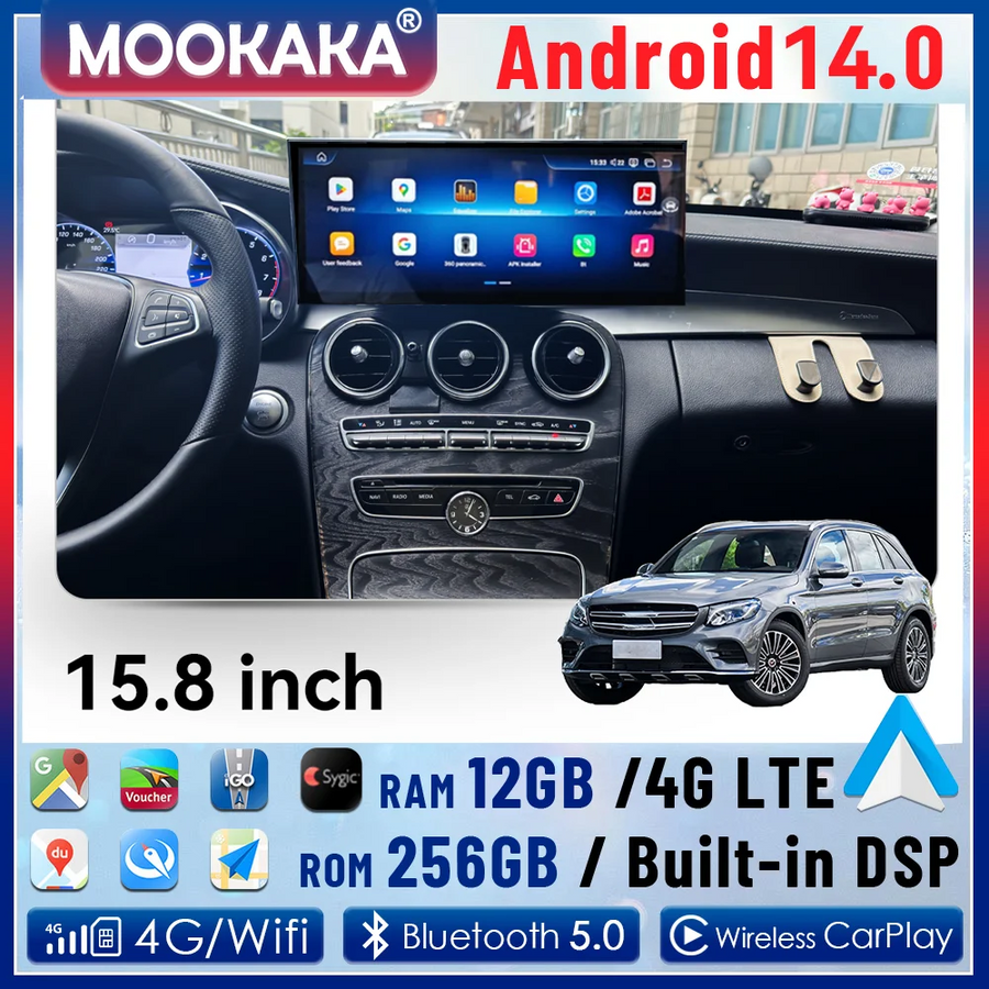 15.8 Inch Android 14 CarPlay Display for Mercedes C Class 2015-2019 Android Head Unit Aotsr 12GB 256GB Carplay Eight Core