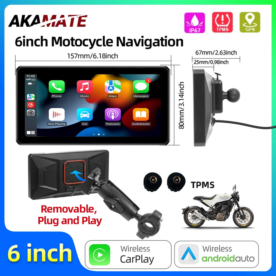 6-inch Wireless CarPlay Monitor for Motorcycles ATVs Android Head Unit AKAMATE