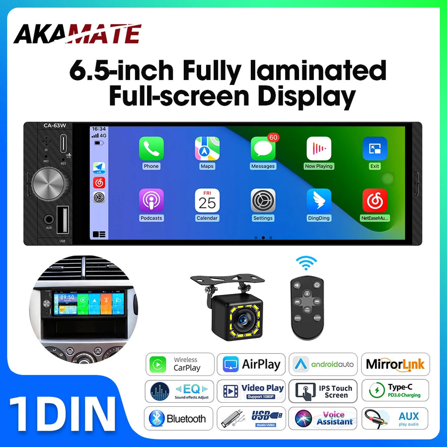 1Din 6.5 inch CarPlay Radio for Universal Vehicles Android Head Unit AKAMATE