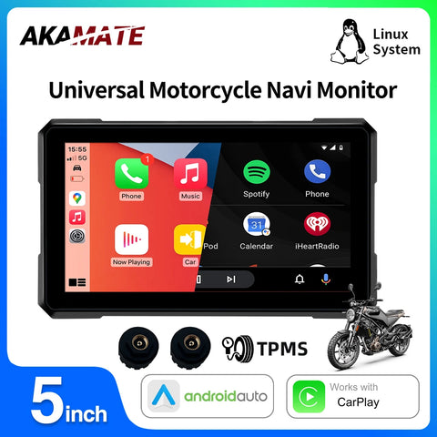 5Inch Motorcycle Monitor CarPlay Dashcam TPMS Universal Android Head Unit AKAMATE
