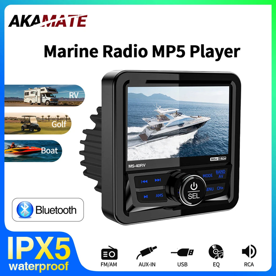 Marine Radio Stereo Bluetooth Waterproof for Boat ATV UTV Android Head Unit AKAMATE