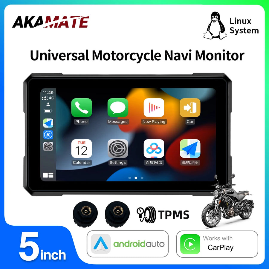5Inch Touch Motorcycle Monitor CarPlay GPS Waterproof Android Head Unit AKAMATE