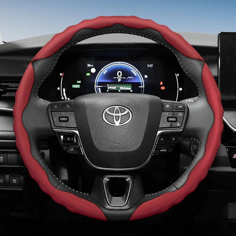 Sporty Wave-Shaped Leather Wheel Cover Toyota Car Interior Accessory Hocasen Red 3-Piece Set