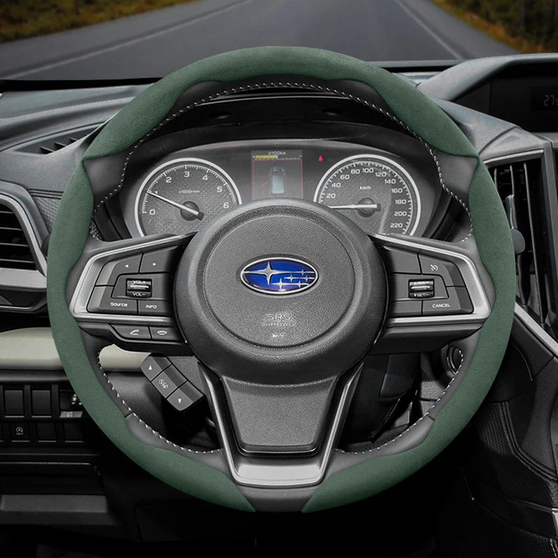 Subaru Anti-Slip Suede Steering Wheel Cover Set Car Interior Accessory Hocasen Green Round 3PC