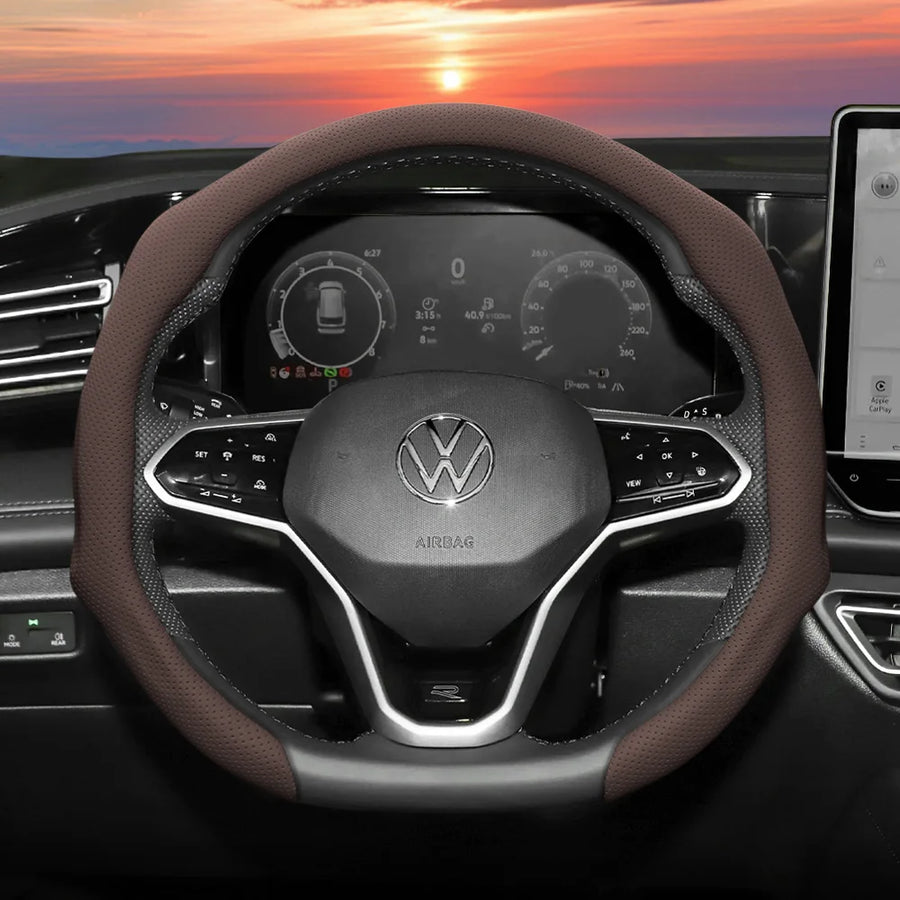 Perforated Leather Wheel Cover for VW Golf Jetta Car Interior Accessory Hocasen Mocha D-Shaped