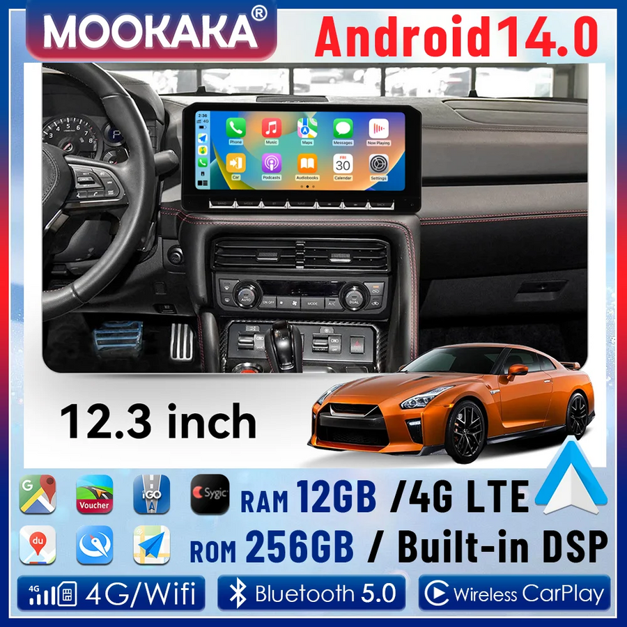 12.3-Inch Android 14 Navigation System for Nissan GT-R 2017–2024 Android Head Unit Aotsr 12G256 and 360Camera Eight Core