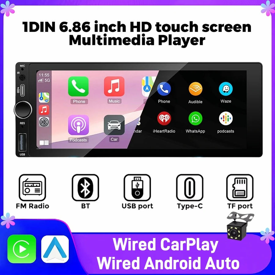 6.9 Inch 1DIN Multimedia CarPlay Android Auto Touch Stereo Android Head Unit LEXXSON