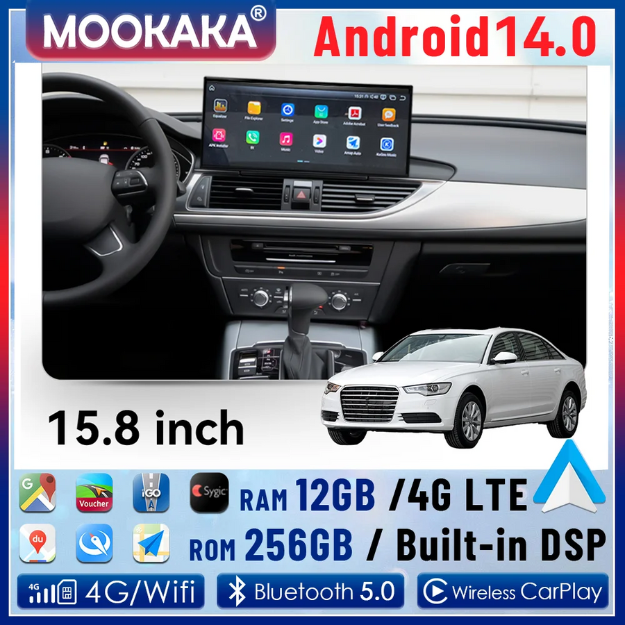 15.8-Inch Android 14 Multimedia System for Audi A6 A7 2012–2015 Android Head Unit AOTSR 12G256 and 360Camera Eight Core