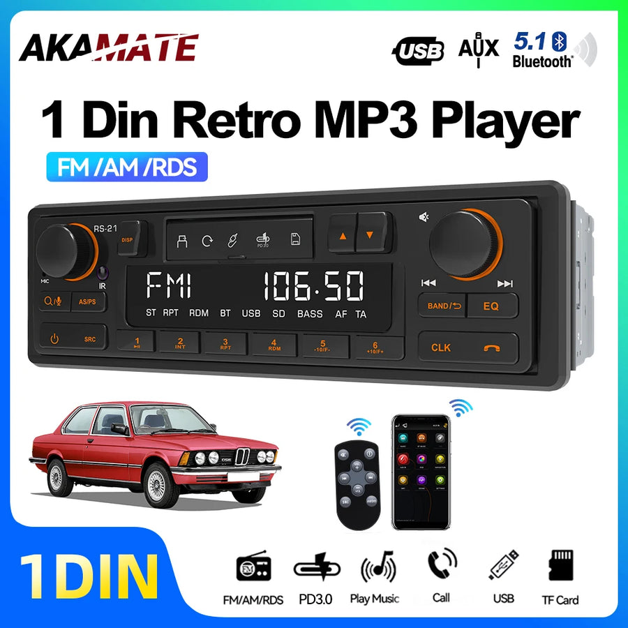 Retro Style 1Din MP3 Radio Bluetooth 5.1 EQ Fast Charge Car Interior Accessory AKAMATE
