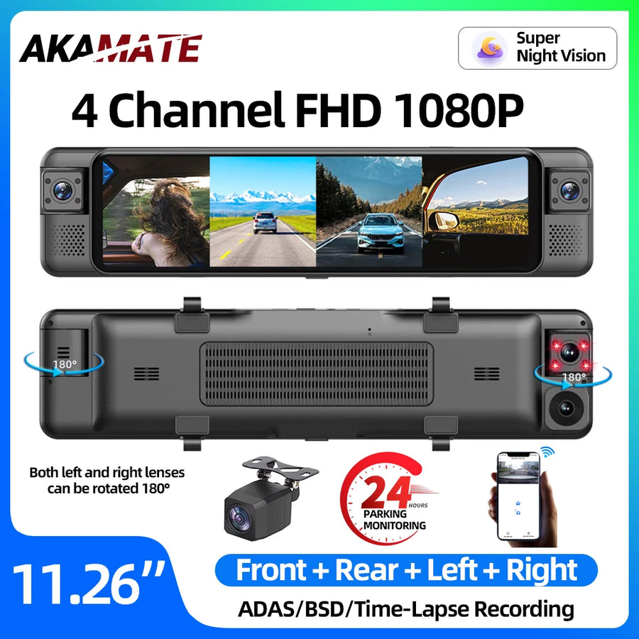 11.26" 4CH 1080P Mirror Dash Cam Universal Dashcam AKAMATE