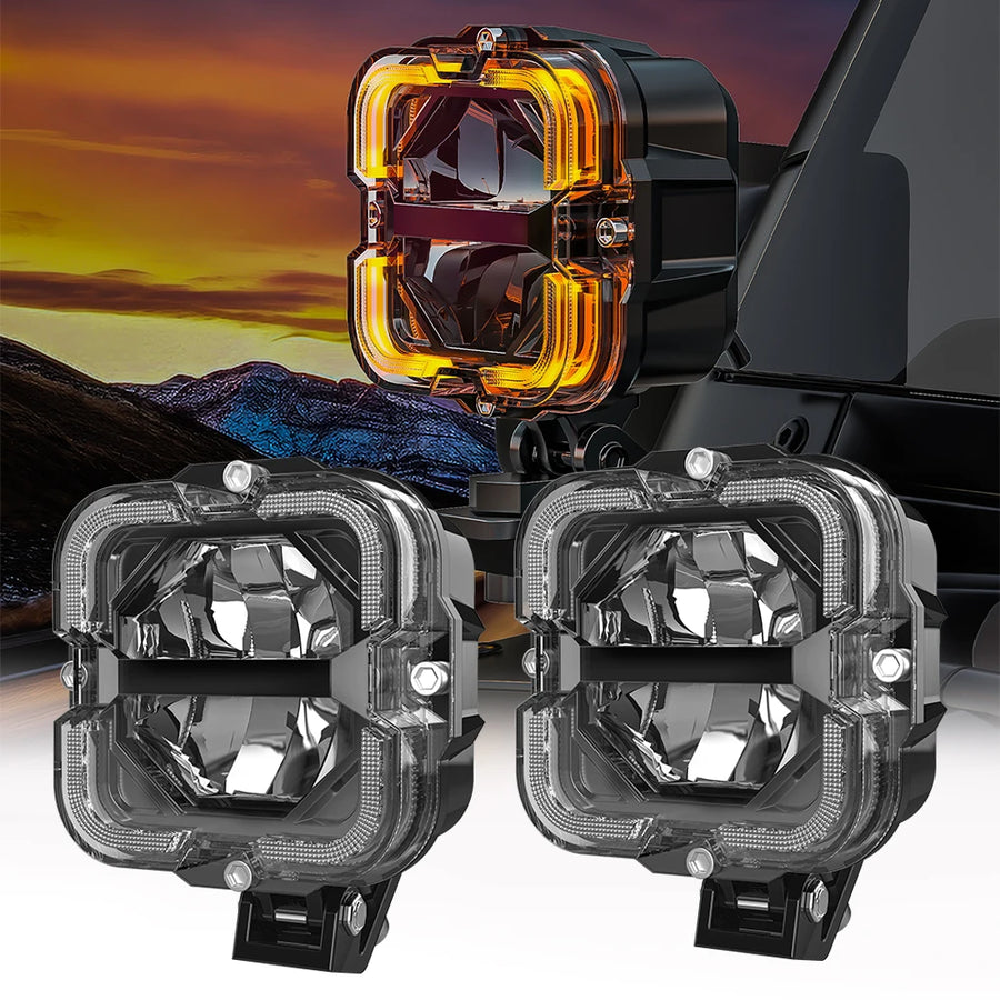 Square LED Work Light 12V 24V For Car Offroad Motorcycle Driving Fog Lamp Light Bar With Angel Eyes Spotlights Auxiliary Ligh